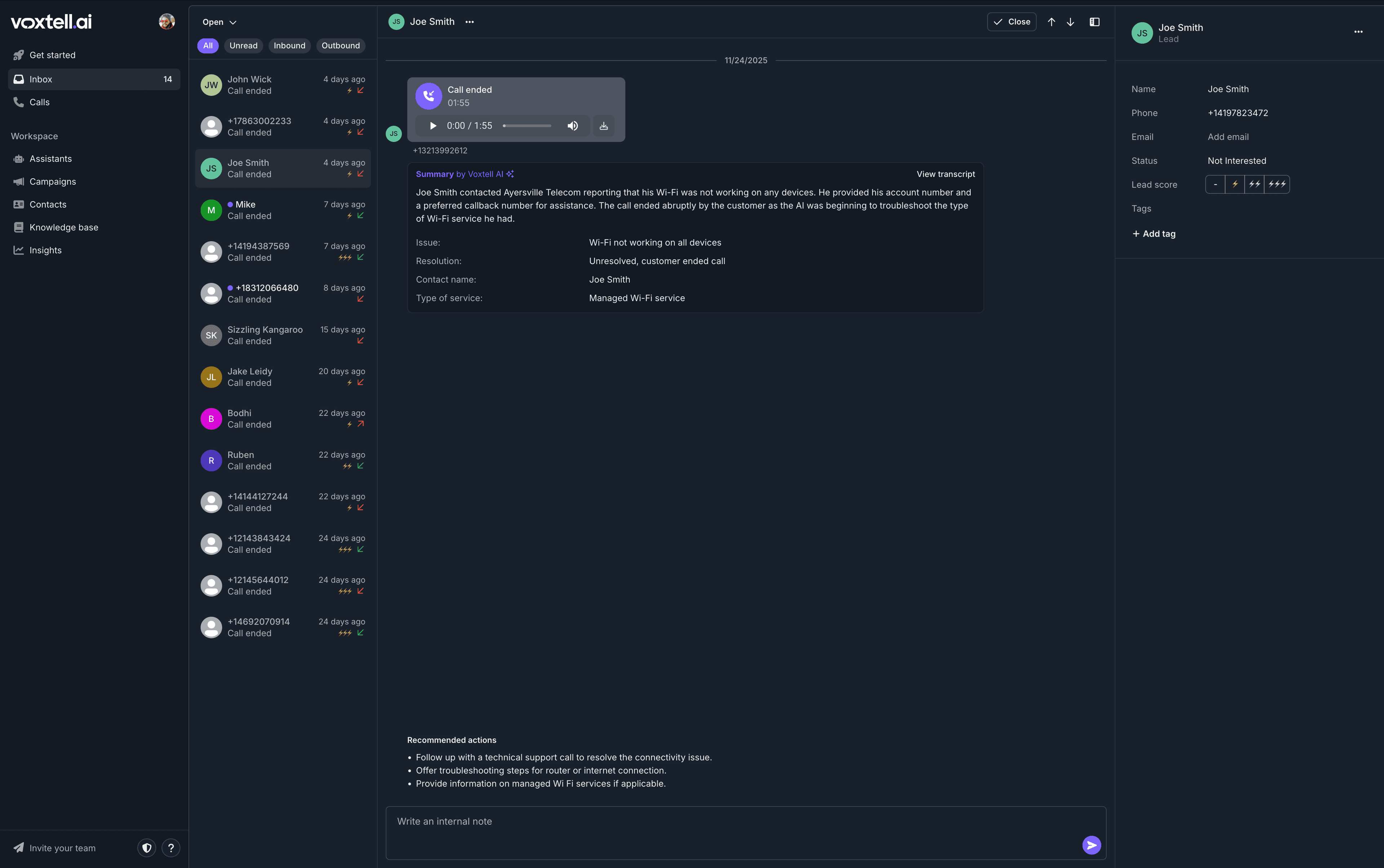 Vee AI Receptionist Dashboard